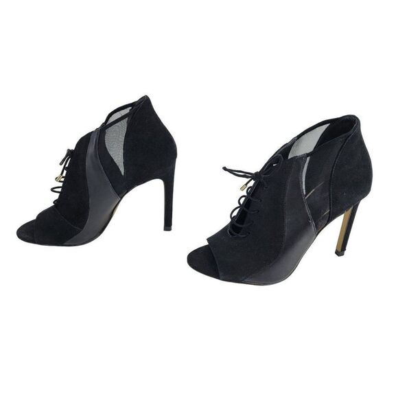 Zara Bootie Sandals 7.5 Black Leather Suede Mesh Patchwork Lace Peep Stilettos - Picture 9 of 17